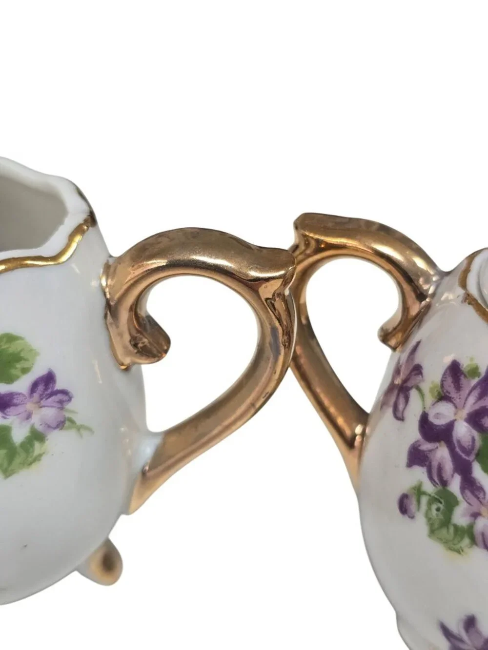 Vintage Enesco Japanese Creamer & Sugar Set Purple Floral Gold Trim Footed 3.5